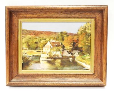 an image of a painting of a house by a river