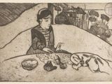 drawing of a woman sitting at a table with a plate of food in front of her