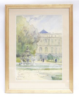 watercolor painting of a fountain in a park with a building in the background