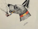 dessin représentant un chien fumant la pipe et portant un collier aux couleurs de l'arc-en-ciel