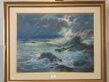 une peinture à l'huile représentant un tableau où l'on voit des vagues déferler sur la plage