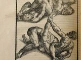 an old book with a drawing of a man wrestling another man