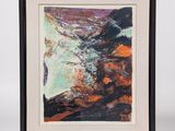 a framed painting of a mountain scene with a river in the foreground