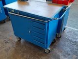a blue work bench with a work table on it