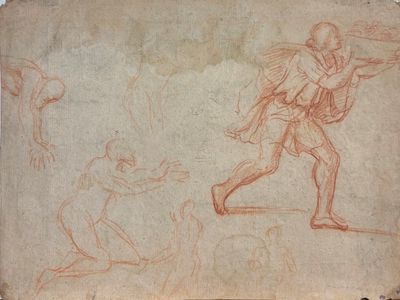 an image of a drawing of a man with a gun and a dog