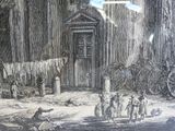 une image représentant un dessin d'une scène de rue avec une calèche