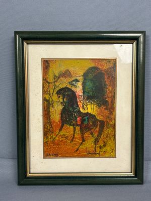 tableau représentant un homme à cheval dans un champ bordé d'arbres