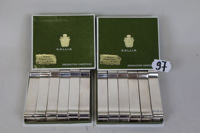 pair of silver business cards with green covers and a silver case