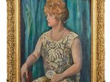 painting of a woman in a gold dress sitting in front of a blue curtain