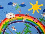 a painting of people on a rainbow with a sky background