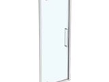 a close up of a glass shower door on a white background