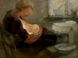 un tableau représentant une femme assise sur une chaise, tenant un bébé dans ses bras