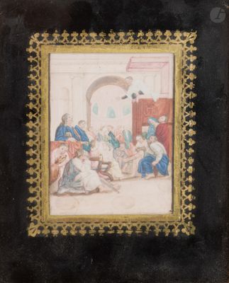 une peinture représentant un groupe de personnes assises autour d'une table