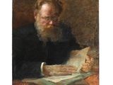 une image représentant un tableau où l'on voit un homme barbu en train de lire un livre