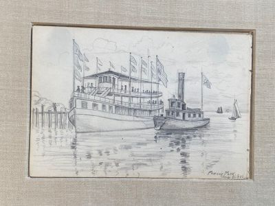 dessin représentant un bateau à vapeur sur l'eau, orné de drapeaux