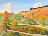 une peinture à l'huile représentant un paysage rural avec une route sinueuse au premier plan