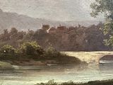 a picture of a painting of a river in the mountains