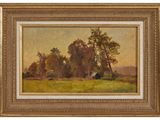 a painting of a field with trees and a barn in the distance