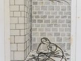 a black and white drawing of a person in a room