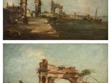 deux photos d'un tableau représentant un pont et un bâtiment