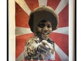 tableau représentant un homme coiffé d'un chapeau, sur fond rouge et blanc