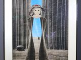 painting of a woman standing in front of a window with a dog