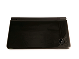 a black tablet computer sitting on top of a white table