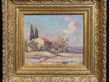 a painting of a landscape with a house and trees