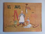 an old book with a picture of a woman in an apron holding a mop and a bucket of paint
