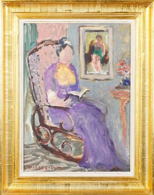 une peinture à l'huile représentant une femme assise sur une chaise en train de lire un livre
