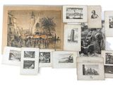 several old books with pictures of people and buildings on them