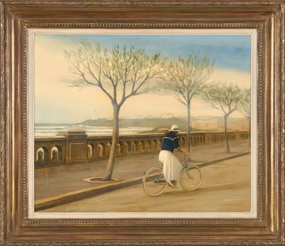 tableau représentant une femme à vélo sur un pont, avec vue sur l'océan