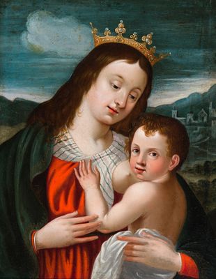 une image d'un tableau représentant une femme tenant un enfant dans ses bras