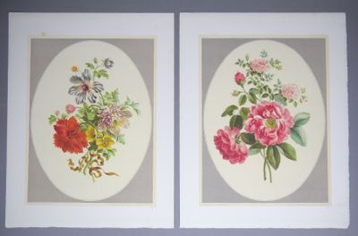 deux tableaux représentant des fleurs et des papillons, accrochés sur un mur bleu