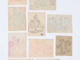 plusieurs dessins représentant des personnes et des animaux, réalisés sur du papier ancien posé sur un fond blanc