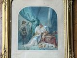 une vieille photo représentant une peinture d'une femme assise sur un lit