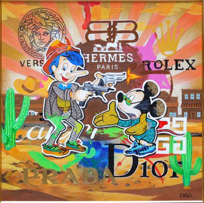 painting of a couple of cartoon characters in a desert setting