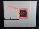 une photo d'un tableau représentant une maison avec une porte rose