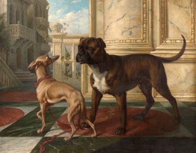 un tableau représentant deux chiens sur un sol à carreaux