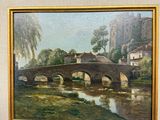 a painting of a bridge over a river in a gold frame