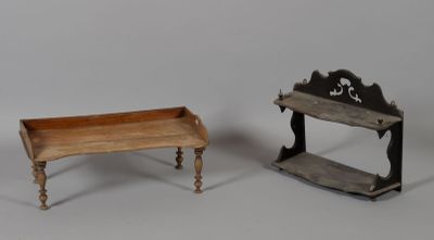 a small wooden table and a small wooden bench