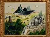 a painting of a desert scene with mountains in the background