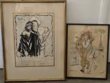 deux dessins encadrés représentant une femme et un homme, posés sur une table