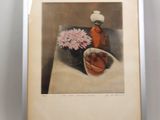 an image of a picture of a vase with flowers and a bowl of fruit