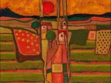 tableau représentant un village avec un soleil rouge en arrière-plan