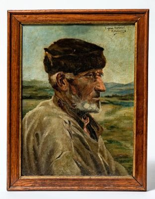 an oil painting of a man with a beard and a hat