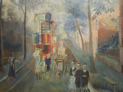 une peinture représentant un groupe de personnes marchant dans la rue