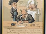 painting of three men sitting at a table with papers and a pen