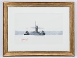 painting of a boat in a body of water with a boat in the background