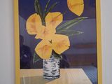 a painting of yellow flowers in a vase on a table